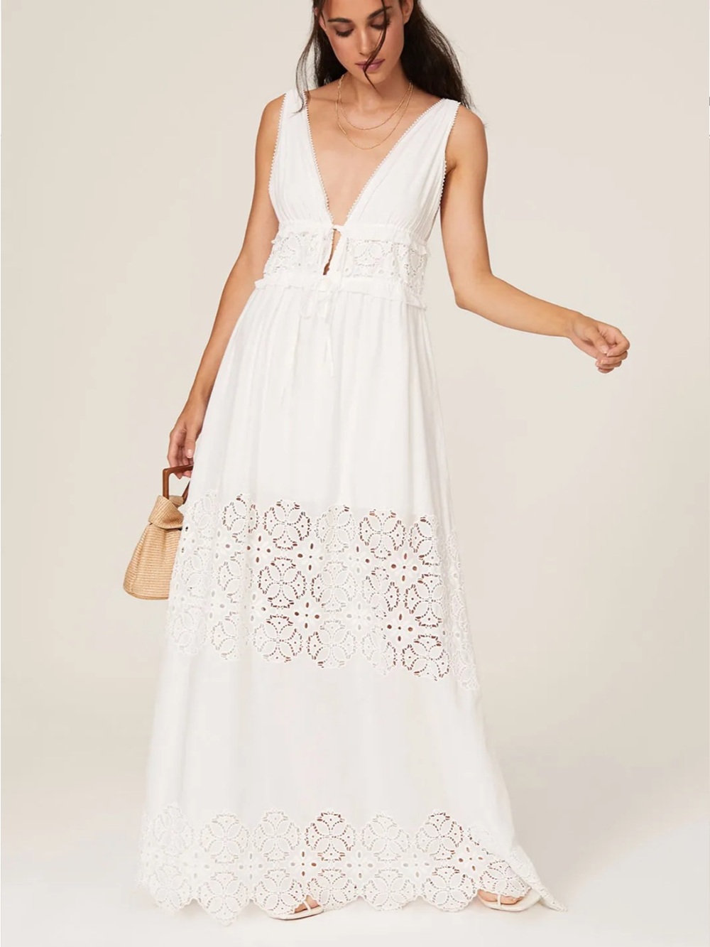 Jonathan Simkhai Waverly Floral smocked White Eyelet Maxi Dress with Deep V XS